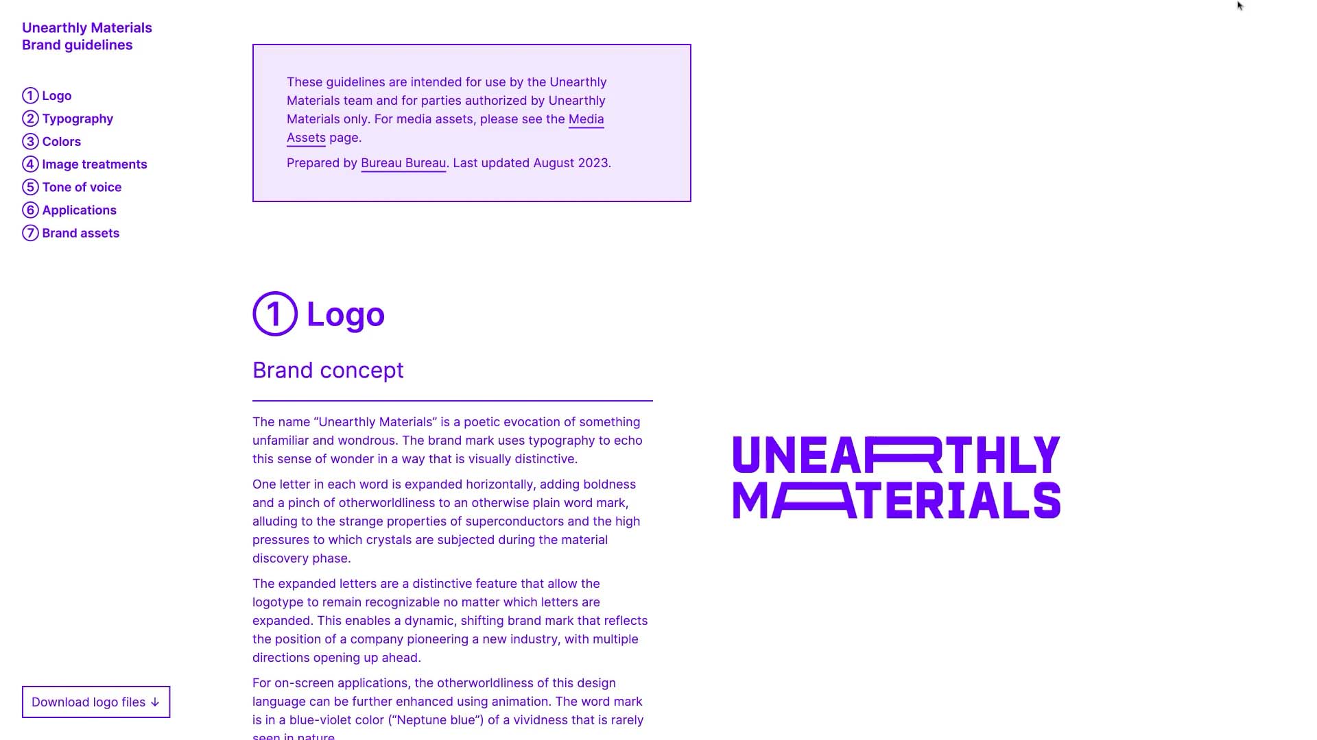 Unearthly Materials brand guidelines page
