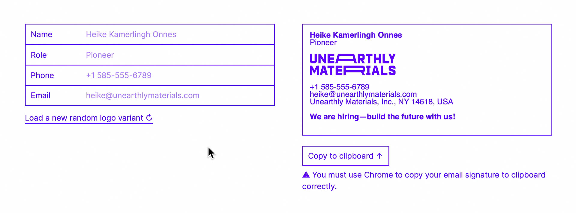 Unearthly Materials email signature generator